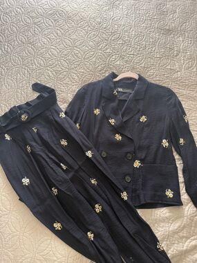 Zara Navy Blue Floral Embroidered Blazer & Trousers Set